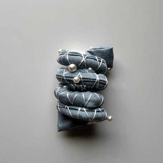 Denim Pearl Fully Wrapped Spiral Tie